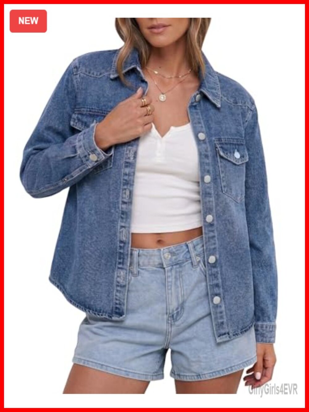 Womens Distressed Denim Trucker Jacket Long Sleeve Button Down Shacket